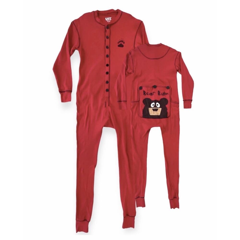 Lazy One Bear Bum Red Flapjack Long Johns One Piece Pajamas Size M Adult NWT